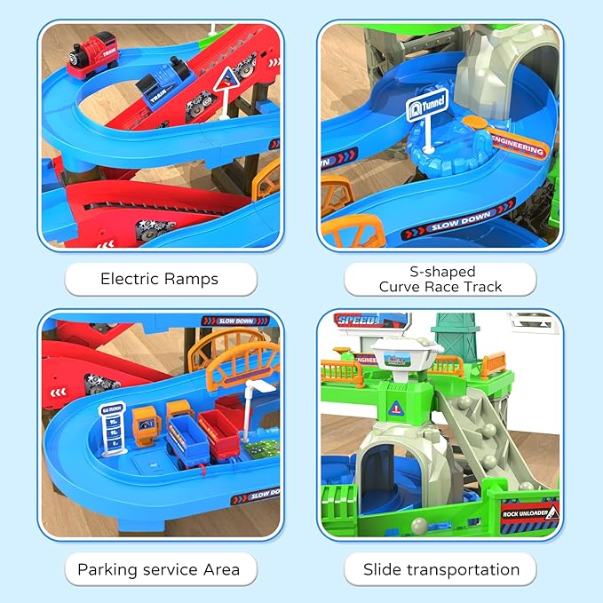 64PCS Train Engineering Adventure Track Toy for Kids 3+,Electric Climbing Ladder, Rotating Crane, Multi-Level Obstacles, Realistic Mining World with Parking&Gas Station,Ideal Gift