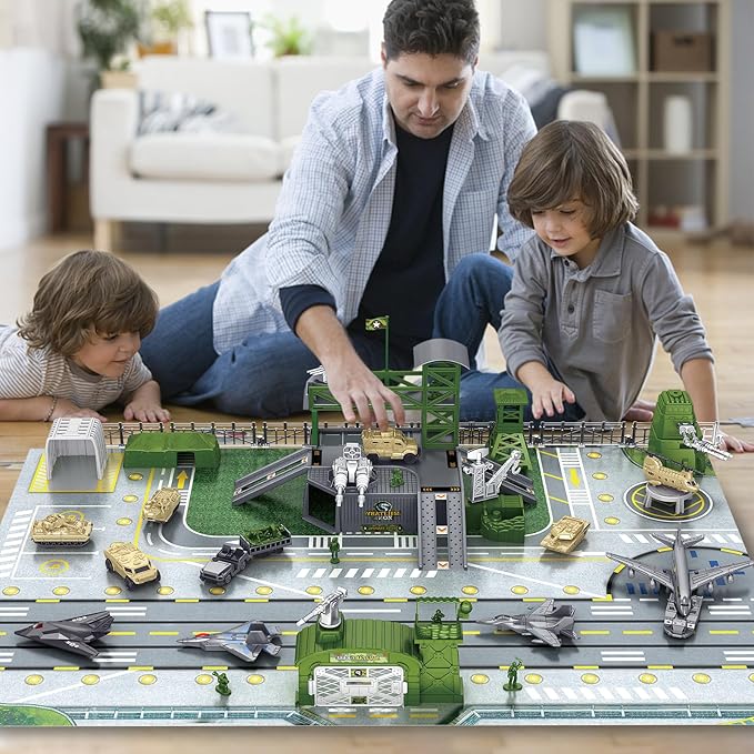 Military Base Toy Sets, Army Toys Playset with Army Men Action Figures, Airplane Toy, Army Tank, Helicopter, Vehicles Accessories and Army Base Play Map, Birthday Present Toys for Boys