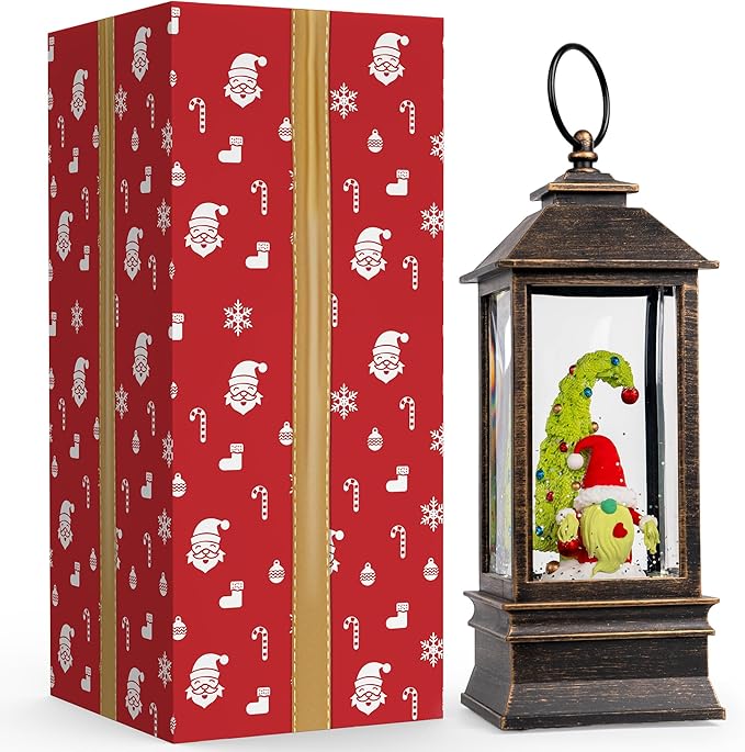 10'' Christmas Gnomes Snow Globe Lantern Lighted Whimsical Christmas Tree & Santa Elf Musical Water Lantern Swirling Glittering Home Decoration and Gift, Battery Operated or USB Powered