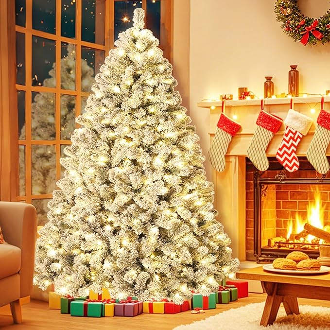 6FT Prelit Fluffy Snow Flocked Fraser Fir Artificial Christmas Tree with Warm White Lights, Hinged Branches, 800 Tips, Artificial Christmas Tree Include Metal Stand for Holiday Home Decor