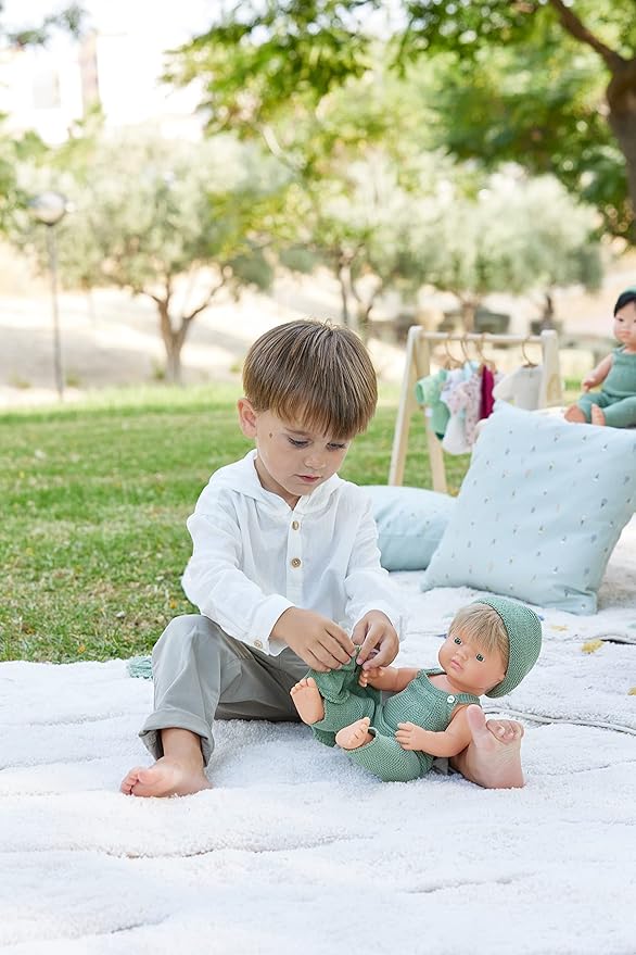 Miniland Clothes for Dolls 15'' Knitted Outfit Overall & Beanie Hat - ECO, Made in Spain, Quality, Role Play, Educational