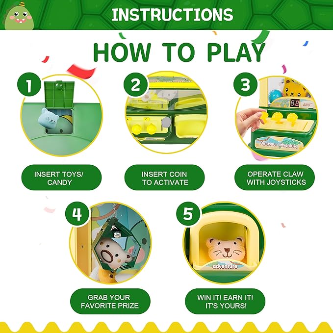 Kids Claw Machine, Dinosaur Adventure Large Toy Claw Machine with Plush Toys, Light Music, Coins & Capsules, Mini Vending Machine Toy for Boys Girls Ages 4-12, Birthday Gift