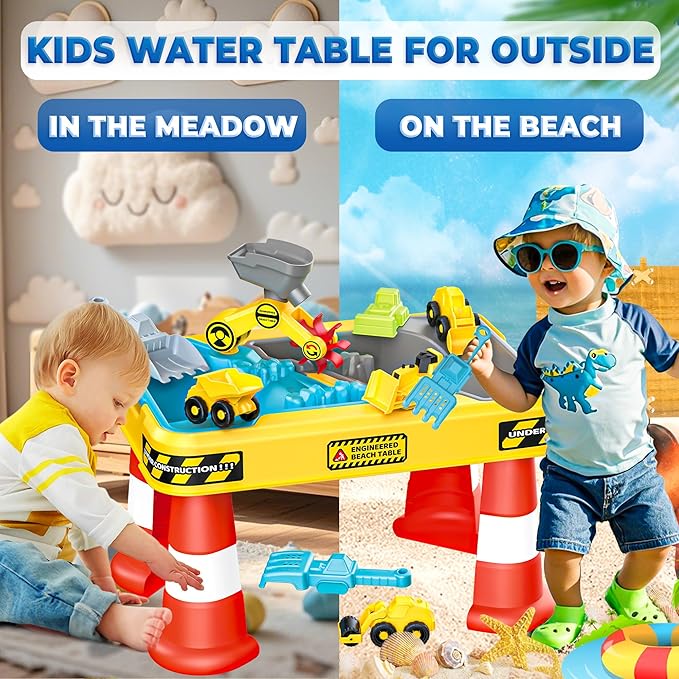 BELLOCHIDDO Sand and Water Table for Toddlers - Summer Toys with 4 Construction Trucks, Portable Outdoor Sandbox Activity Table, Beach Toys for Boys & Girls