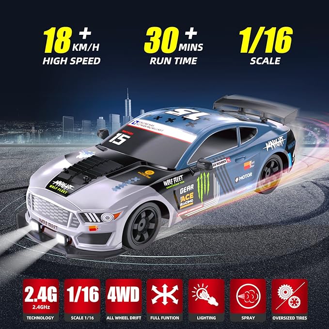 RC Drift Car 2.4GHz 1:16 Scale 4WD High Speed Remote Control Cars Vehicle with LED Lights Two Batteries and Drifting Tires Racing Sport Toy Cars for Adults Boys Girls Kids