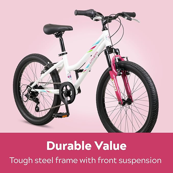 Cavern Mountain Bike for Youth or Adult Boys Girls, 7 or 21-Speed Twist Shifter Options, 20/24/26-Inch Wheels, 11 to 17.5-Inch Steel Frame, Front Suspension, Kickstand Included