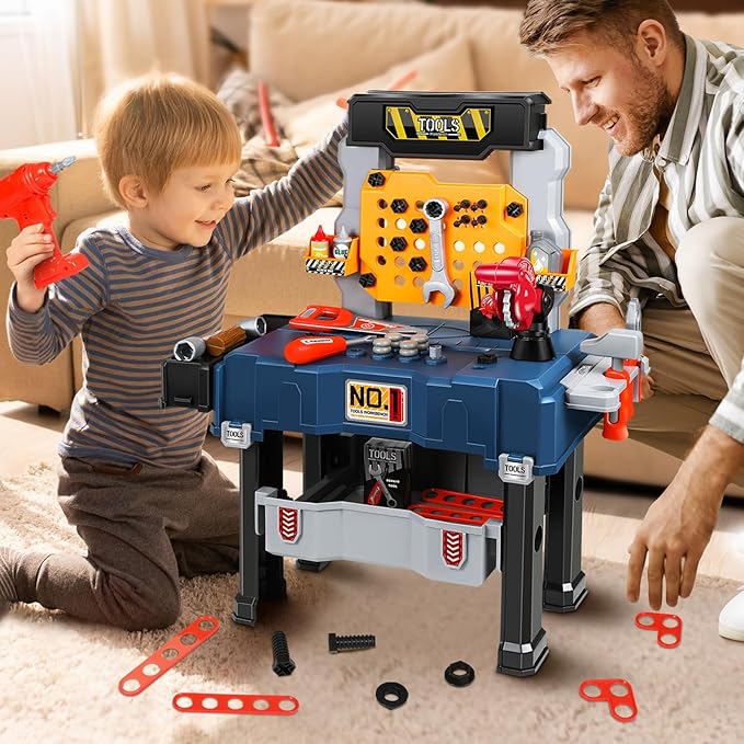 Kids Tool Set with Workbench Realistic Tool Pretend Play Toys for 3 4+Year Old Boy Toys Electric Drill Transformable Construction Learning Toy Work Bench Christmas Birthday Gift Toddler Girl Age 3-5