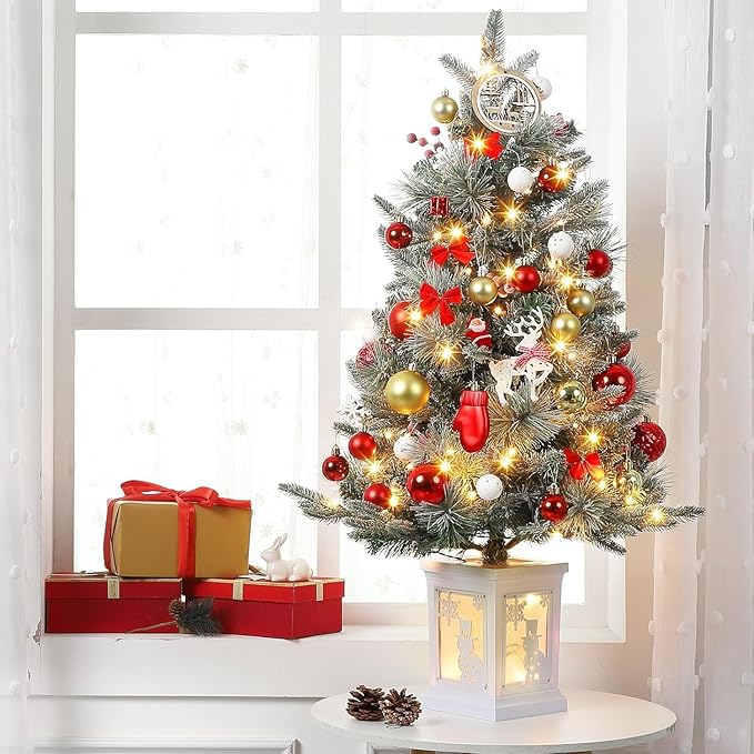 3FT Prelit Artificial Christmas Tree with Lights, 3 Foot Artificial Christmas Tree with Snowflake Base, 78 LED Prelit Christmas Tree, Battery Operated, Timer, Easy Assembly, Winter Holiday Decor