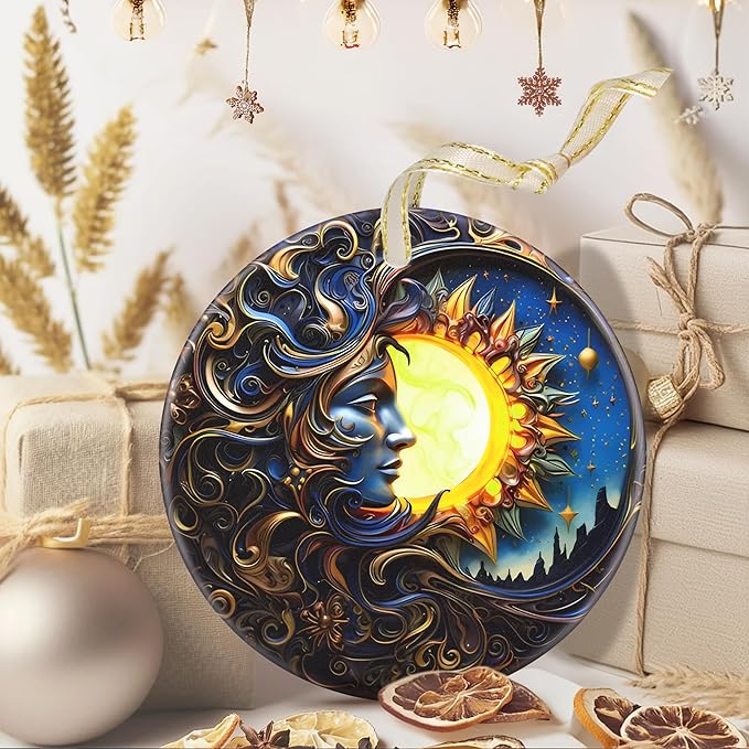 3.5 Inch Ceramic Christmas Tree Ornament, Sun and Moon God Christmas Ornaments, Heirloom Keepsake, Gift Exchange, Gift Idea, Bauble Present