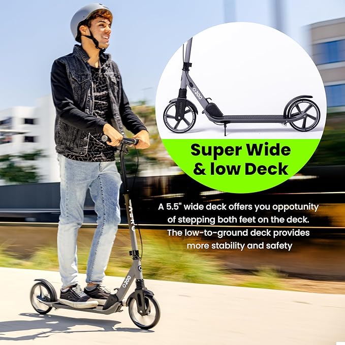 Aero Big Wheel Scooters for Kids Ages 8-12, Teens and Adults. Manual Kick Scooter for Boys and Girls, with Hand Brake, Rubber Mat, Shock Absorption, Foldable and Height Adjustable