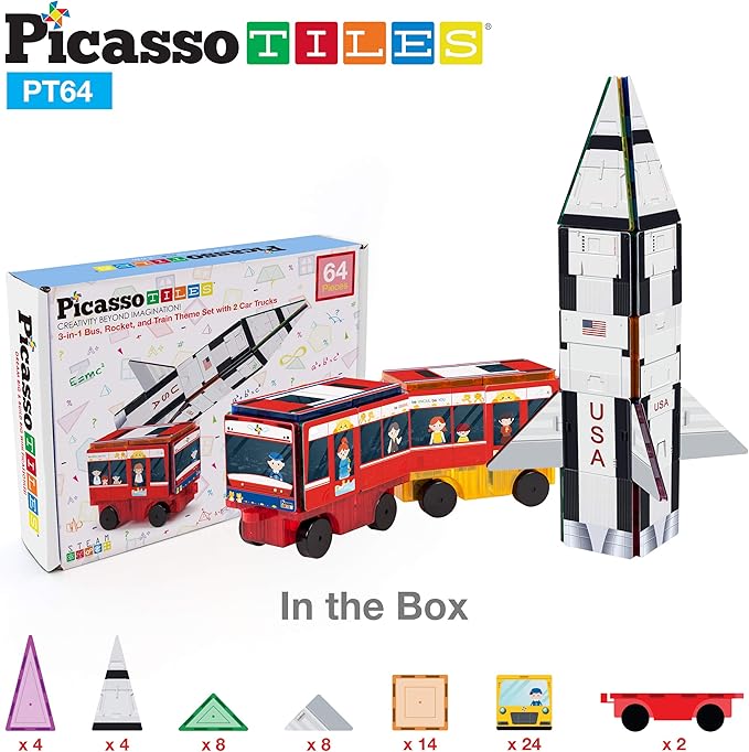 PicassoTiles Magnet Building Blocks STEM Learning Construction Toy Set Early Education Kit 3-in-1 Rocket, School Bus, Train Theme Stick-On Puzzle Pretend Play Magnetic Tiles Kids Building Block Toys