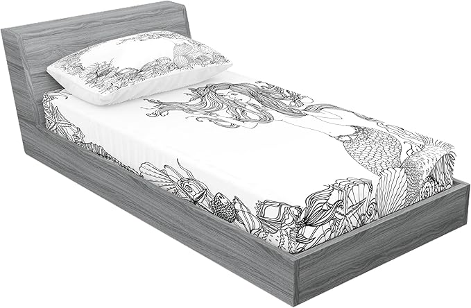 Ambesonne Mermaid Fitted Sheet & Pillow Sham Set, Mermaid in Seashells Starfish Coral Reef Frame Culture Myth Art, Decorative Printed 2 Piece Bedding Decor Set, Twin, White Grey