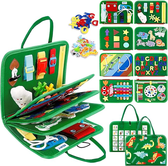 Esjay Toddler Busy Board Montessori Toys, Sensory Board Educational Activities for Learning Fine Motor Skills, Gifts for Girls Boys Toddlers, Travel Toys for Airplane Car,Green Dinosaur