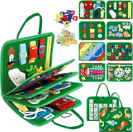Esjay Toddler Busy Board Montessori Toys, Sensory Board Educational Activities for Learning Fine Motor Skills, Gifts for Girls Boys Toddlers, Travel Toys for Airplane Car,Green Dinosaur