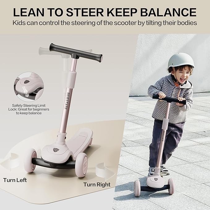 Aesthetic Scooter, Kids 3 Wheel Scooter with LED Light-Up Wheels, Adjustable Handlebar (25.2"-35.4") for Ages 3-18, Max 220 lbs, Safety Steering Lock, Anti-Slip Deck & One-Piece Brake