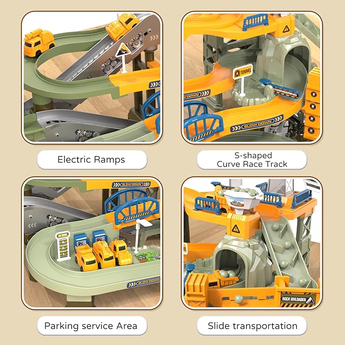 64PCS Engineering Adventure Track Set for Kids 3+ - Motorized Climbing Ladder, Rotating Crane, 4 Mini Cars, Interactive Construction Playset with Music - Safe Design, Ideal Gift
