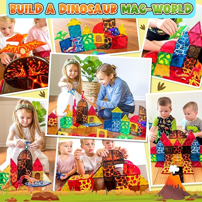 Dinosaur Toys Magnetic Tiles Lava Dinosaur World Set - Magnetic Blocks Building Toys for Kids 3-5 5-7 Girls Boys Toys Age 4-6 6-8, Classroom Must Haves Toddler Sensory Toys for 3+ Year Old Kids Toys