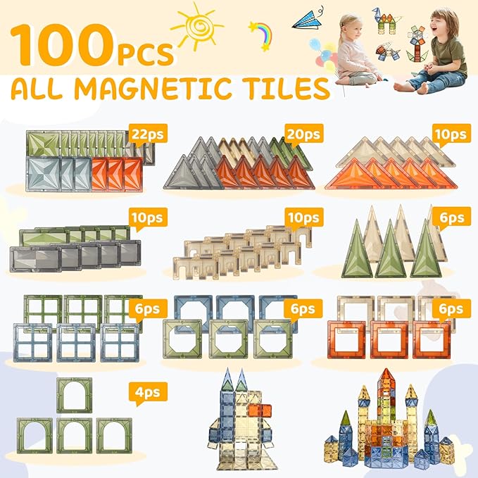 Magnetic Tiles, 100 PCS Magnetic Blocks Building Set Magnet Tiles STEM Toys 3D Kids Preschool Educational Sensory Toys Gift for Toddlers Kids Boys Ages 3 4 5 6 7 8 9+ Year Old