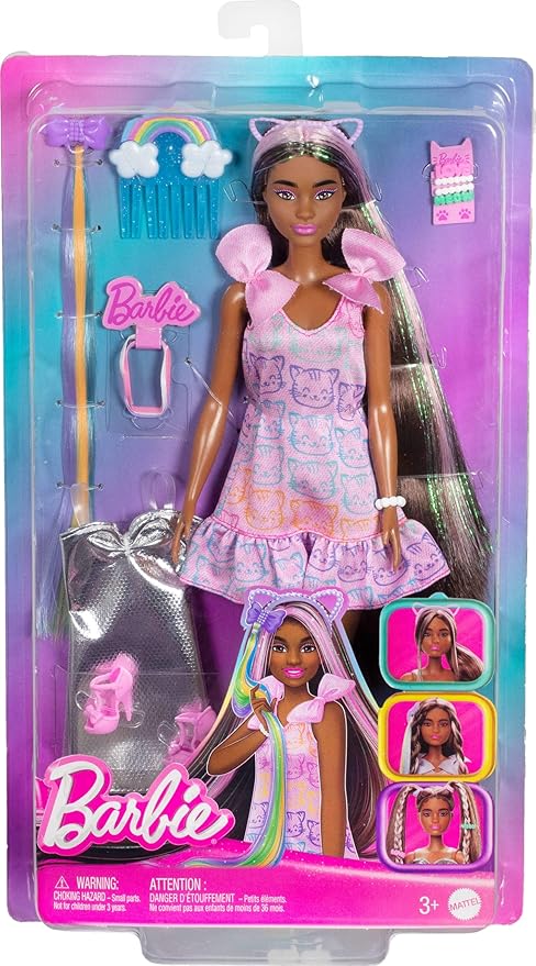 Barbie Fun & Fancy Fashion Doll & Accessories, with Extra-Long Black Hair & 2 Looks, Including Silver Dress & Hair Extension