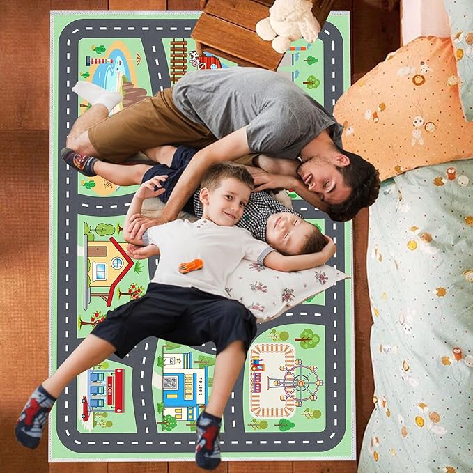 Kids Rug Car Rugs Playmat Carpet for Play Toy Cars for Playroom Classroom Kids Room, Educational Area Rugs Non-Slip Road Traffic Floor Rug Mats, Ideal Gift for Nursery Children Boy Girl 2.6x3.9ft