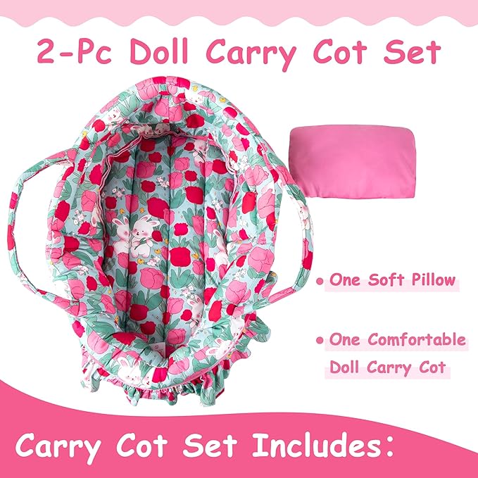 Doll Carry Cot Set, Soft Doll Carrier Basket Bassinet Includes 1 Cot and 1 Pillow, Rose Rabbit Doll Bassinet, Fits for 18-inch American Girl Dolls