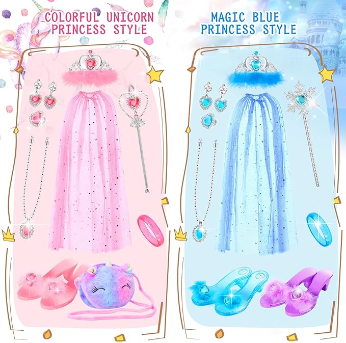 Fedio Princess Dress Up Shoes Set Little Girls Role Play Shoes Pretend Princess Gift Toy Set with 3 Pairs of Shoes,Princess Cape,Crown Tiaras,Unicorn Purse for Girls Aged 3,4,5,6 Birthday Christmas