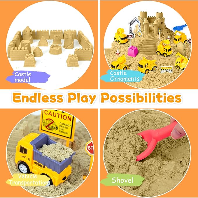 Construction Sensory Bin for Toddlers, Kids Play Sand Kit Toys Sandbox with 2.2lbs Magic Sand, Vehicles, Castle Molds, Road Signs, Shovel, Preschool Learning Activities Gifts for Boys Girls Age 3-5+