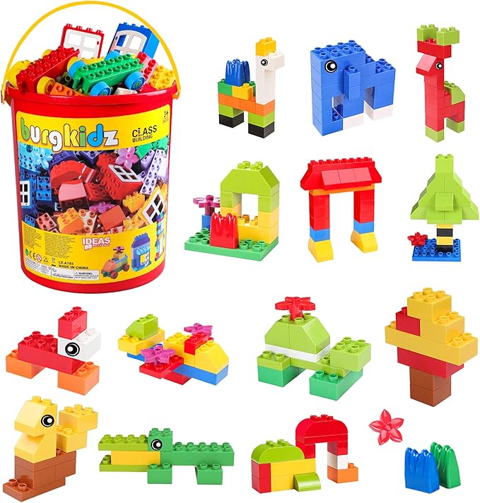 burgkidz Big Building Block Set - 214 Pieces Toddler Educational Toy Classic Large Size Building Block Bricks - 13 Fun Shapes and Storage Bucket - Compatible with All Major Bulk Bricks Set