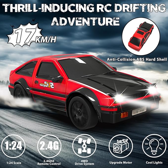 RC Drift Car, 1/24 Remote Control Car, 2.4Ghz 17KM/H High Speed RC Cars with LED Lights, Extra Tires, 2 Rechargeable Batteries, 4WD Racing Car Toys Christmas Birthday Gift for Kids Boys Girls Adults