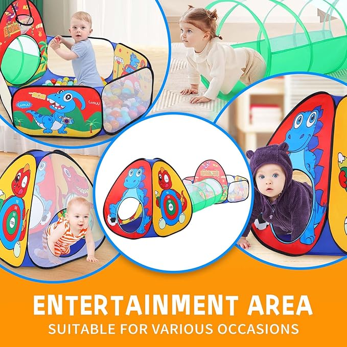 3pc Dinosaur Kids Play Tent with Tunnel and Ball Pit for Boys & Girls, Pop Up Playhouse Tent for Toddlers Indoor & Outdoor Use
