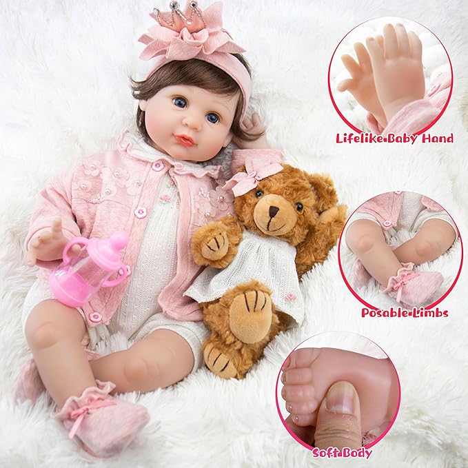 Reborn Baby Doll - 22-Inch Lifelike Baby Doll Soft Cloth Body Newborn Baby Dolls with Clothes and Toy Accessories Christmas Birthday Gift for Kids Age 3+