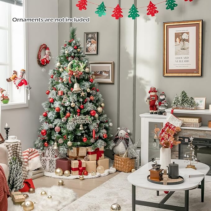 GOFLAME 6FT Pre-Lit Christmas Tree with Pine Needles, Hinged Artificial Xmas Tree with 747 Branch Tips, 350 LED Lights, 55 Pine Cones & 55 Red Berries, Holiday Decoration Tree with 11 Lighting Modes