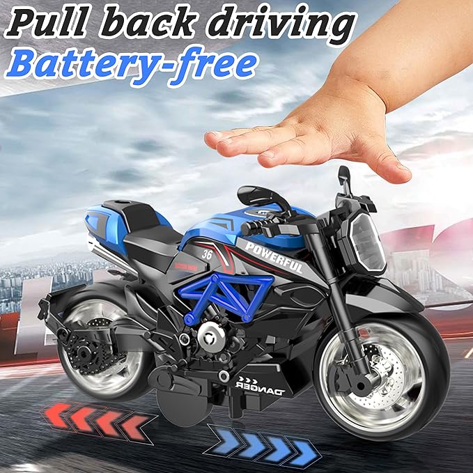 4-Pack Pull-Back Motorcycle Toys - Friction Powered Kids Toy Cars with Lights, Sounds & Automatic Drive for Boys & Girls Aged 3-12