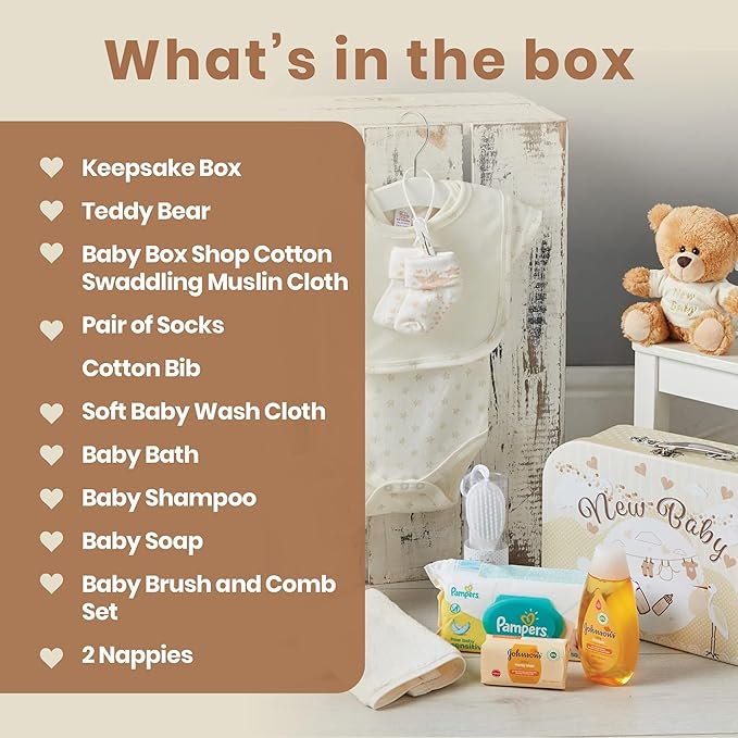Baby Box Shop Unisex - 12 pcs Neutral Baby Essentials - Baby Gift Hampers, Gender Neutral Baby Gift Basket Hampers, Baby Gender Reveal Gift Set - Cream