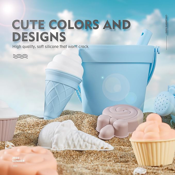 MarcZero 17Pcs Silicone Beach Toys,Modern Baby Beach Toys,Travel Friendly Beach Set,Silicone Bucket, Watering Can, Shovel, 12 Sand Molds, Beach Bag,Silicone Sand Toys for Toddlers, Kids (Light Blue)