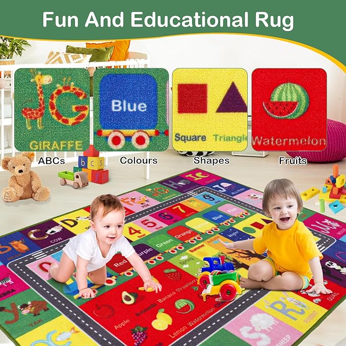 ABC Alphabet, Numbers, Shapes, Fruits, Seasons Educational Area Rugs Kids Rug for playroom Circle time Rugs for Preschool Classroom Alphabet Rugs for Kids playroom, 4' 11" x 6' 7"