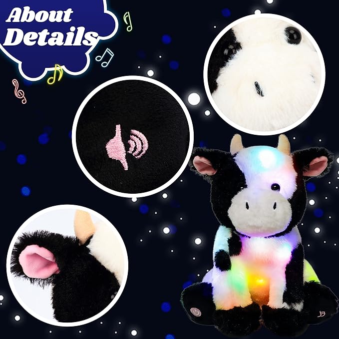 Cuteoy Cow LED Musical Stuffed Animal Light-up Singing Plush Adjustable Volume Lullaby Plushies Birthday Christmas Toy Gifts for Kids Toddler Girls, 13"