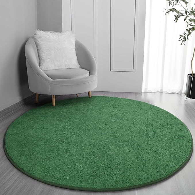 FlyDOIT Round Area Rugs for Bedroom Living Room, 4x4 Green Super Soft Comfy Thickened Memory-Foam Indoor Circle Carpets, Modern Aesthetic Minimalist Carpet for Boys Girls Adults Nursery Home Décor