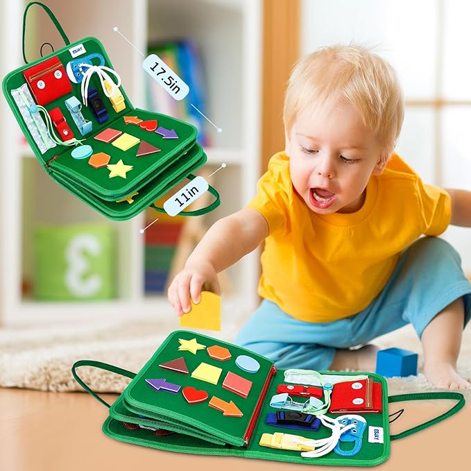 Esjay Toddler Busy Board Montessori Toys, Sensory Board Educational Activities for Learning Fine Motor Skills, Gifts for Girls Boys Toddlers, Travel Toys for Airplane Car,Green Dinosaur