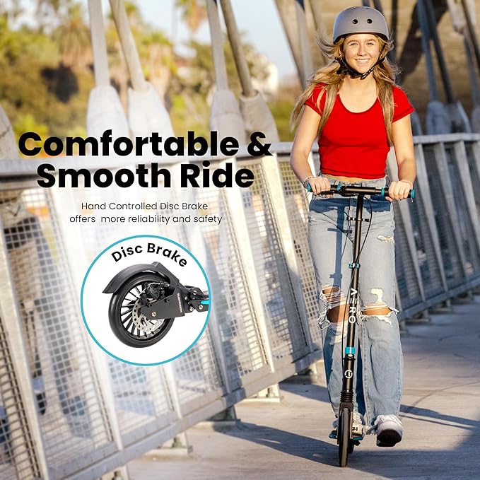 Aero Big Wheel Scooters for Kids Ages 8-12, Teens and Adults. Manual Kick Scooter for Boys and Girls, with Hand Brake, Rubber Mat, Shock Absorption, Foldable and Height Adjustable