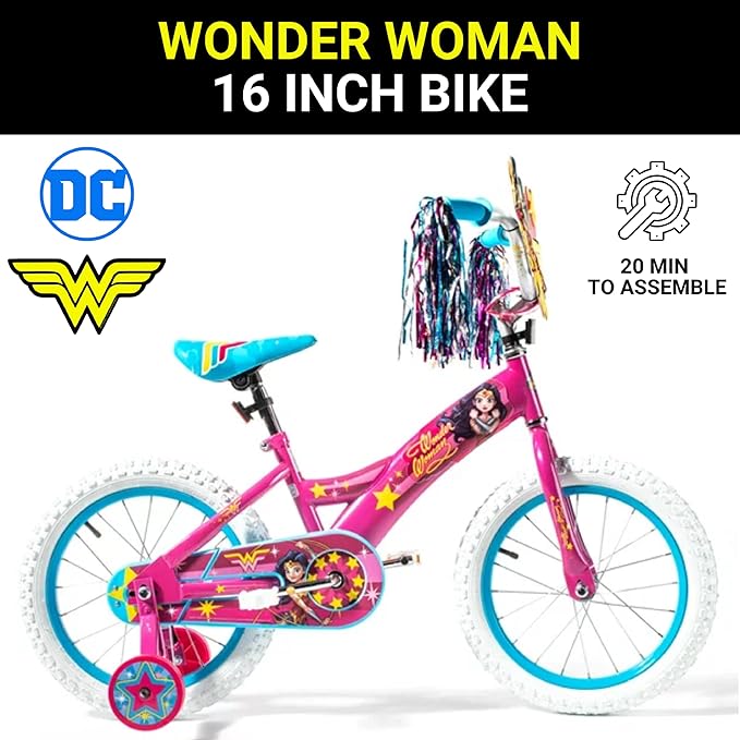 Wonder Woman 16 Inch Bike for Kids | Detachable Training Wheels for Safety & Balance | Pedal Powered Bicycle for Young Superheros Ages 4 and up| Perfect for Boys & Girls | Adjustable Seat