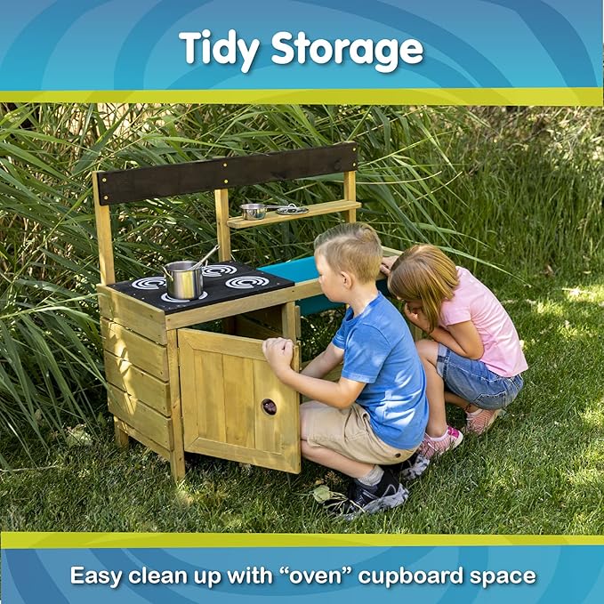 Mud Play Kitchen For Kids - Indoor, Outdoor Wooden Toy Toddler Kitchen Playset with Accessories, Durable, Weatherproof, Removable Sink, Chalkboard, Wood Burner Stencils, Easy Assembly, Ages 3+
