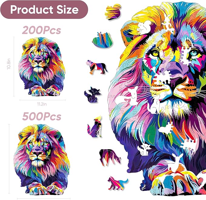 Wooden Puzzles for Adults, Lion Jigsaw Puzzles 200 Pieces, Unique Shaped Puzzle for Adults and Kids, Ghristmas Gift Family Game 10.8 x 11.2 Inch