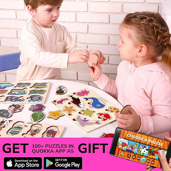 QUOKKA Wooden Puzzles for Toddlers 1-2 – 4 Set Pegged Puzzles for Kids Ages 1-2 – Animal Sea Learning Toy for Kids – Gift Realistic Educational Game for Boy and Girl
