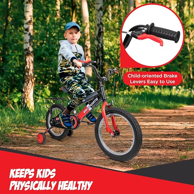 Slippery Racer MW Sports 16 inch Kids Bike with Removable Training Wheels, Hand Brakes and Back Relay Rack for Ages 4-6 Years.
