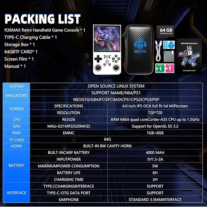 R36MAX Retro Handheld Game Console, 18000+ HD Games Mini Retro Video Console, 4.0 Inch IPS Screen, 64GB Memory, Portable Arcade Video Gaming Console Gift for Adults, Light White