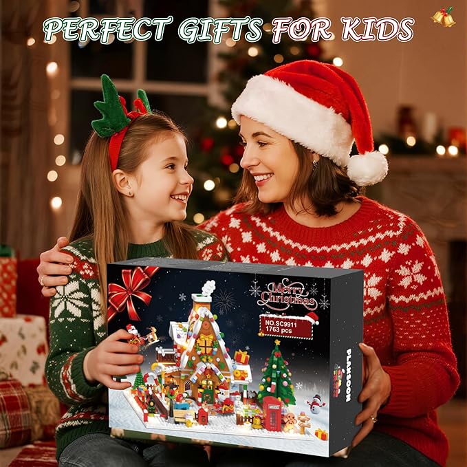 2025 Christmas Gingerbread House Courtyard Mini Building Set with Lights, Christmas Village Building Block Toy with Santa Xmas Tree Holiday Train Gift for Adults Boys Girls 14+ (1763PCS)