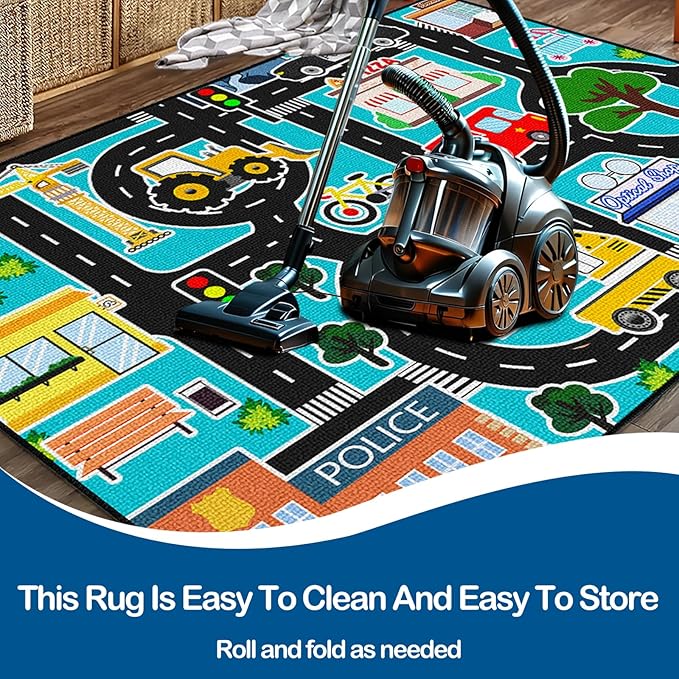 Car Rug Play Mat - Kids Play Rugs City Life Road Map Rug 5x7 Feet Large Educational Traffic Track Car Mat for Kids Toy Cars Carpet for Kid Bedroom Playroom Classroom Decor