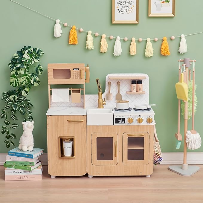 Teamson Kids Little Chef Cyprus Wooden Play Kitchen Set – Pretend Toy Kitchen for Toddlers & Kids Ages 3+ with Ice Maker, Storage & Accessories – Play Kitchen for Kids, Light Oak & White Faux Marble
