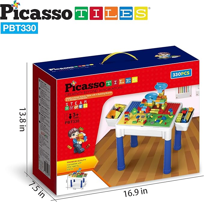 PicassoTiles Kids Activity Center Play Table & Study Desk Set Sandbox Water Tight Container Storage All-in-1 STEM Toy Kit Playset with 331pc Dual Size Building Bricks Construction Blocks Marble Run