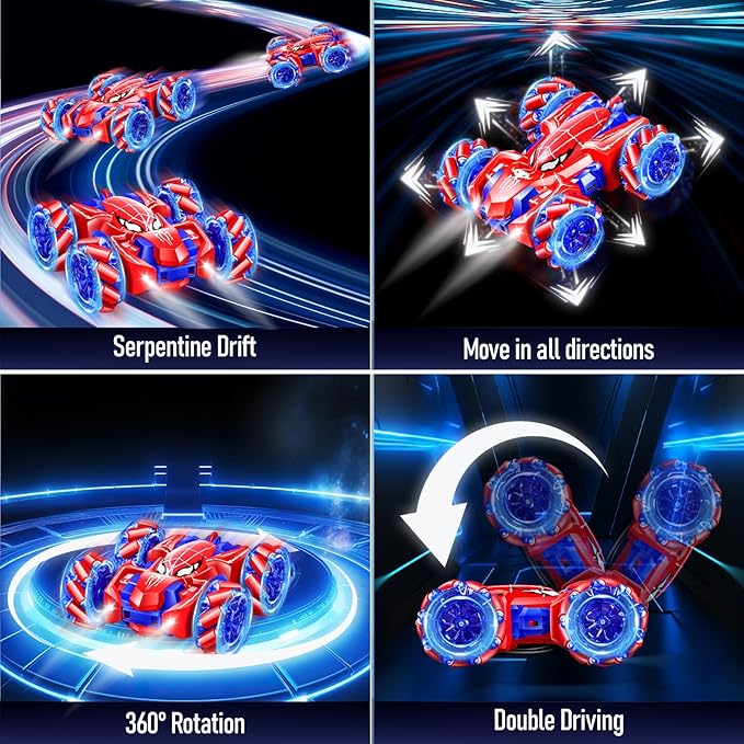 Remote Control Car for Kids - Spider 360° Flip Double-Sided RC Car, 4WD Rechargeable Drift Racing Toy with Strip Lights & Headlights - Birthday Gifts for Boys Girls Ages 4-12